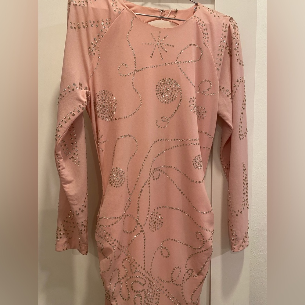 1970’s Pink Long Sleeve Glitter Maxi Evening Prom Dress - Picture 2 of 13